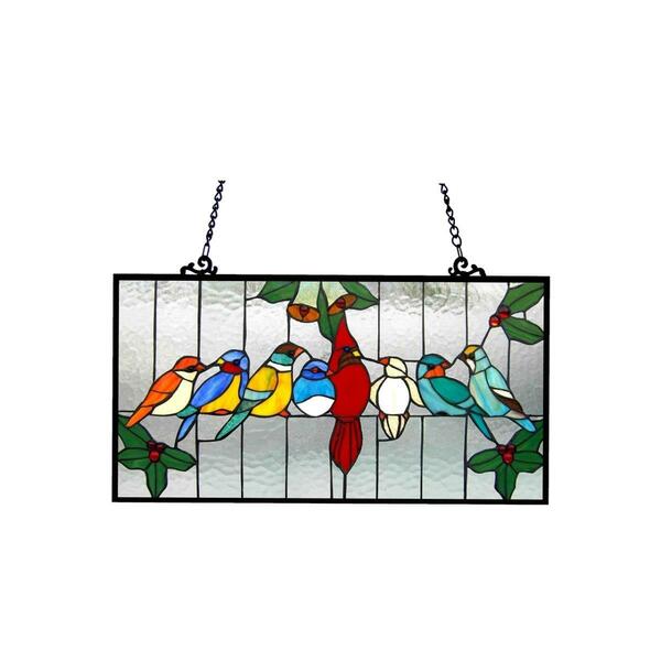 Chloe Lighting 24.5 x 12.5 in. Lighting Aves Tiffany Glass Gathering Birds Window Panel - Antique Brass CH1P150RA25-GPN